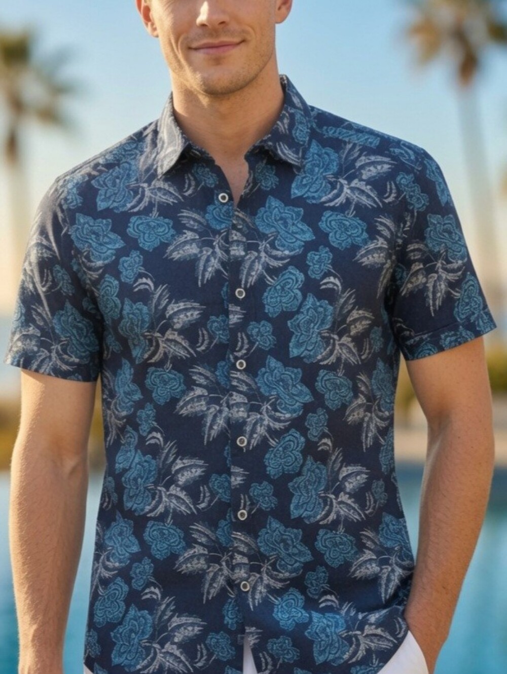Robert Graham Woven Shirt Short Sleeve Black Blue Floral Flip Trim Sz  S